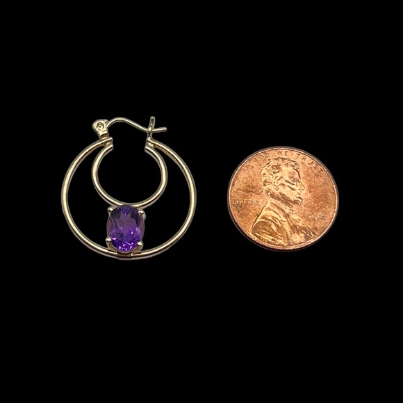 14k Solid Gold Amethyst Double Hoop  Earrings - Picture 4 of 15
